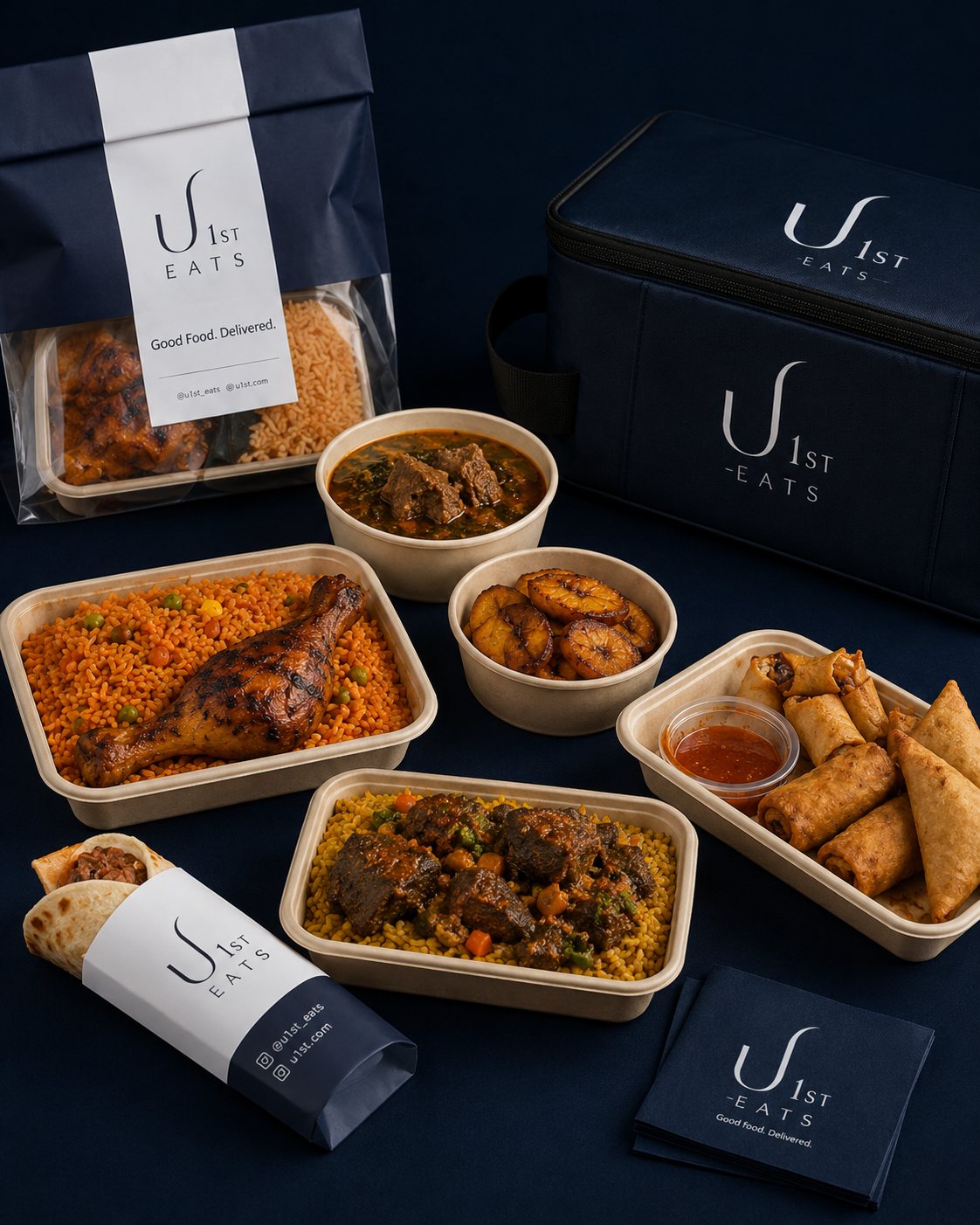 Packaged Nigerian meals prepared for U1st Eats delivery