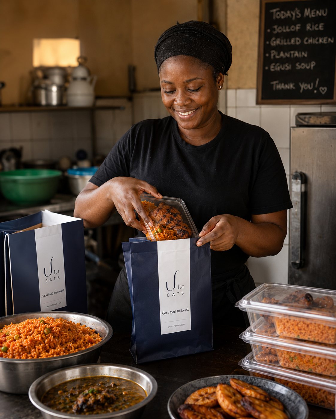A Nigerian food merchant packaging U1st Eats orders